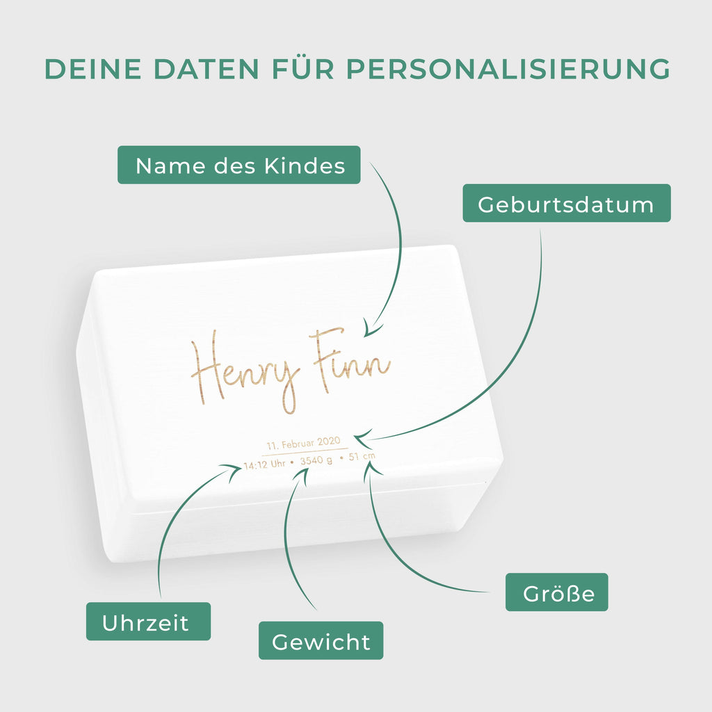 Erinnerungsbox für Baby - Niers - Holzkiste Personalisiert mit Namen - Weiß, FSC® | Erinnerungskiste mit Gravur, Babykiste groß & klein - M | L | XL.