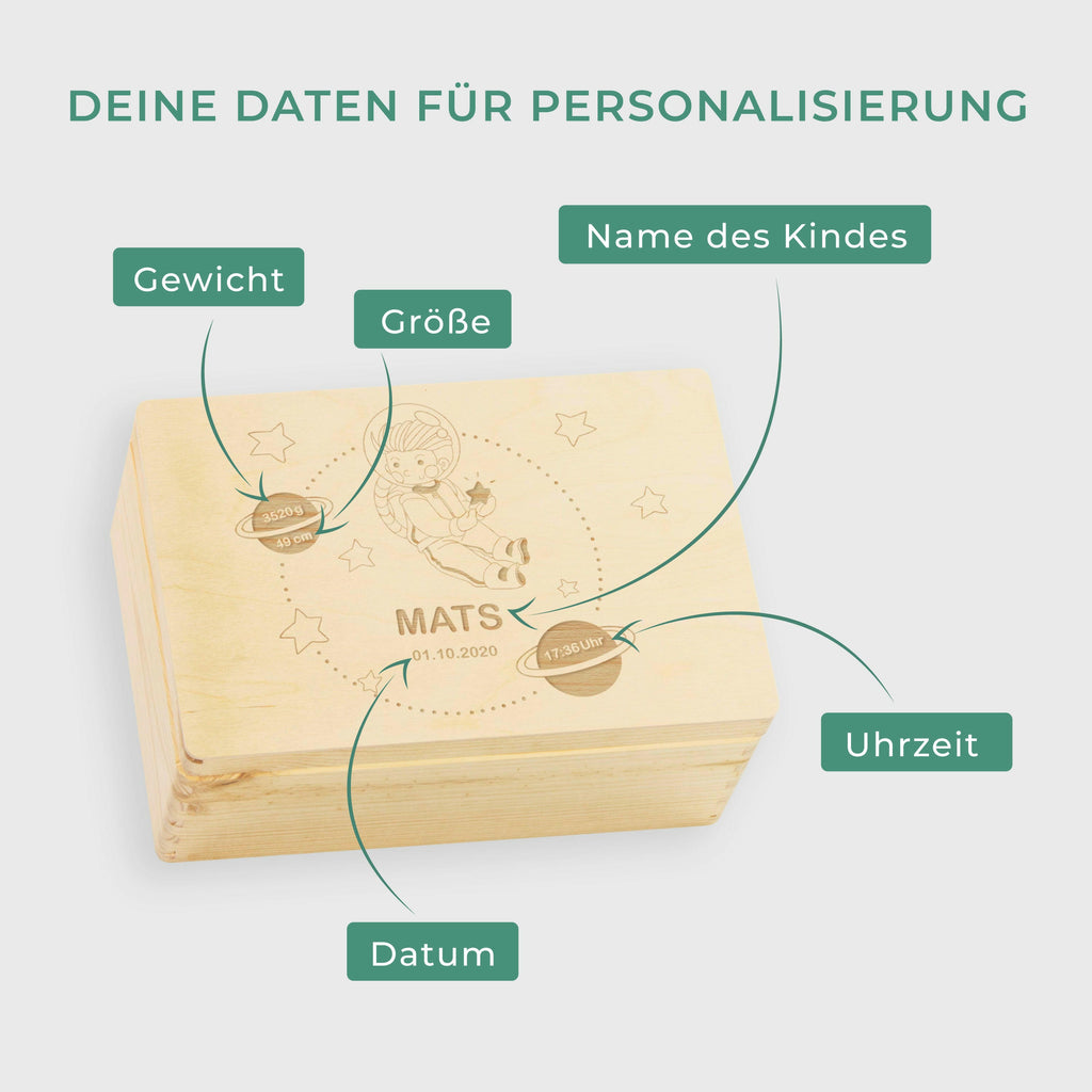 Erinnerungsbox für Baby - Personalisiert - Astronaut Motiv - Natur.