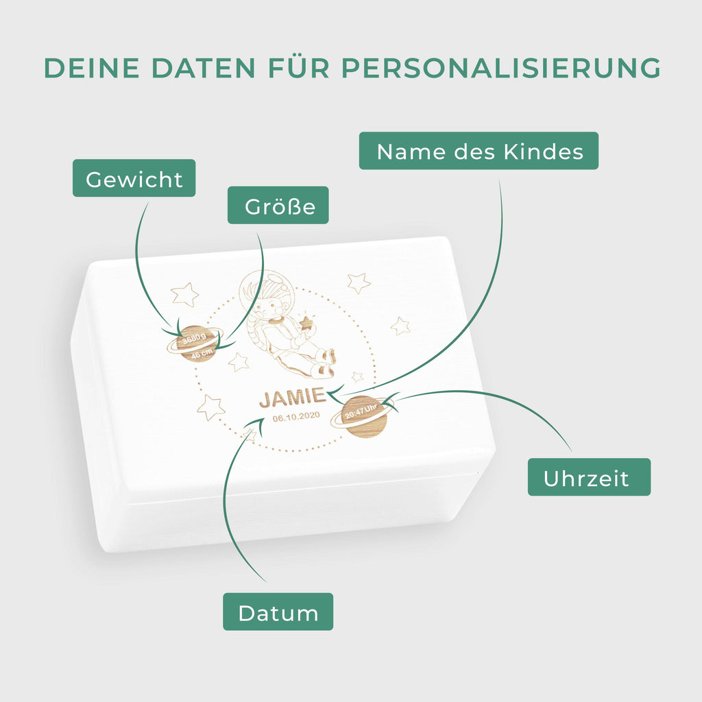 Erinnerungskiste für Baby - Personalisiert - Astronaut Motiv - Weiß.