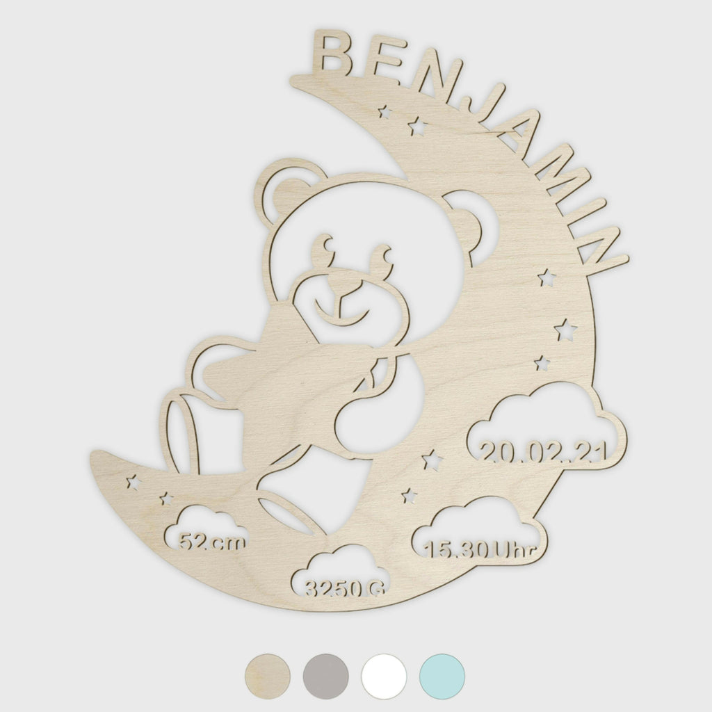 Schlummerlicht Baby mit Namen - Kinder Nachtlicht Personalisiert -  Bär & Mond | LED Holz Lampe.