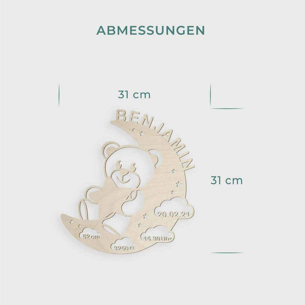Schlummerlicht Baby mit Namen - Kinder Nachtlicht Personalisiert -  Bär & Mond | LED Holz Lampe.
