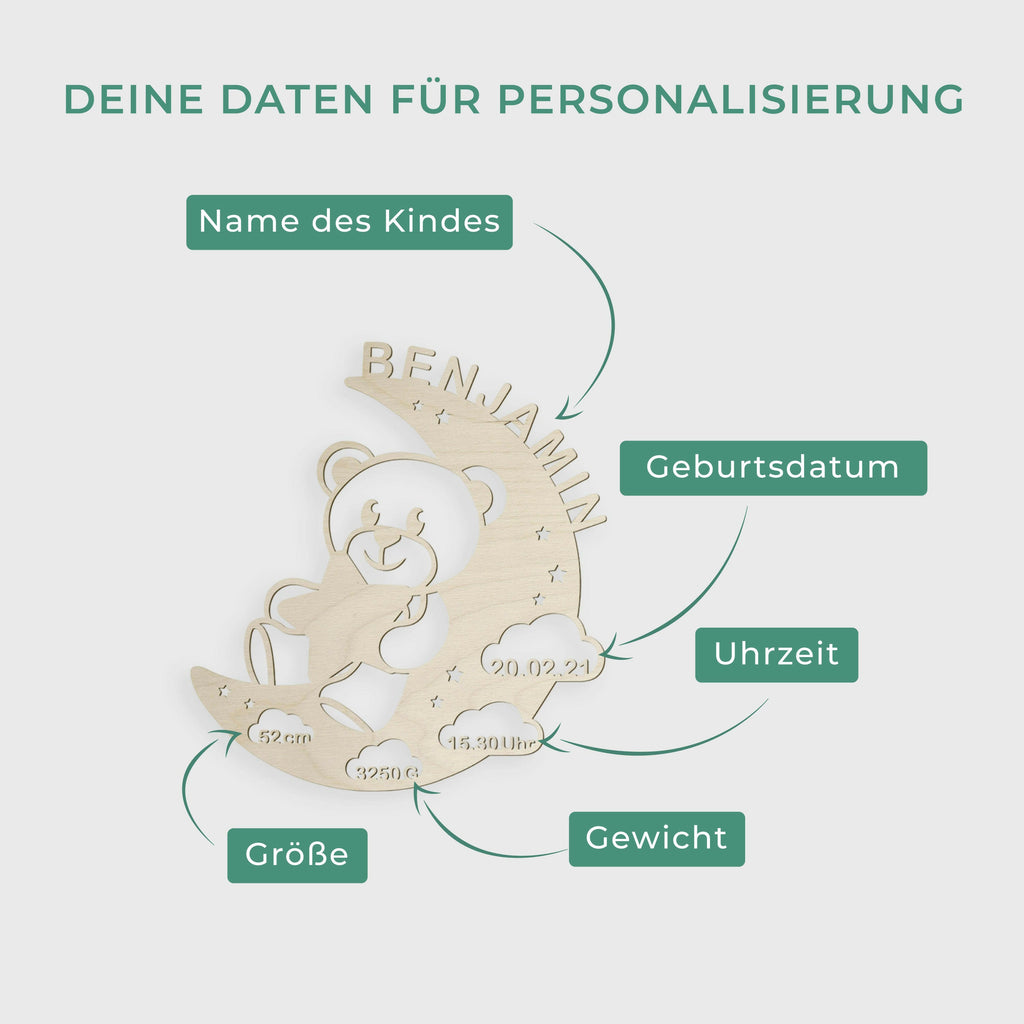 Schlummerlicht Baby mit Namen - Kinder Nachtlicht Personalisiert -  Bär & Mond | LED Holz Lampe.