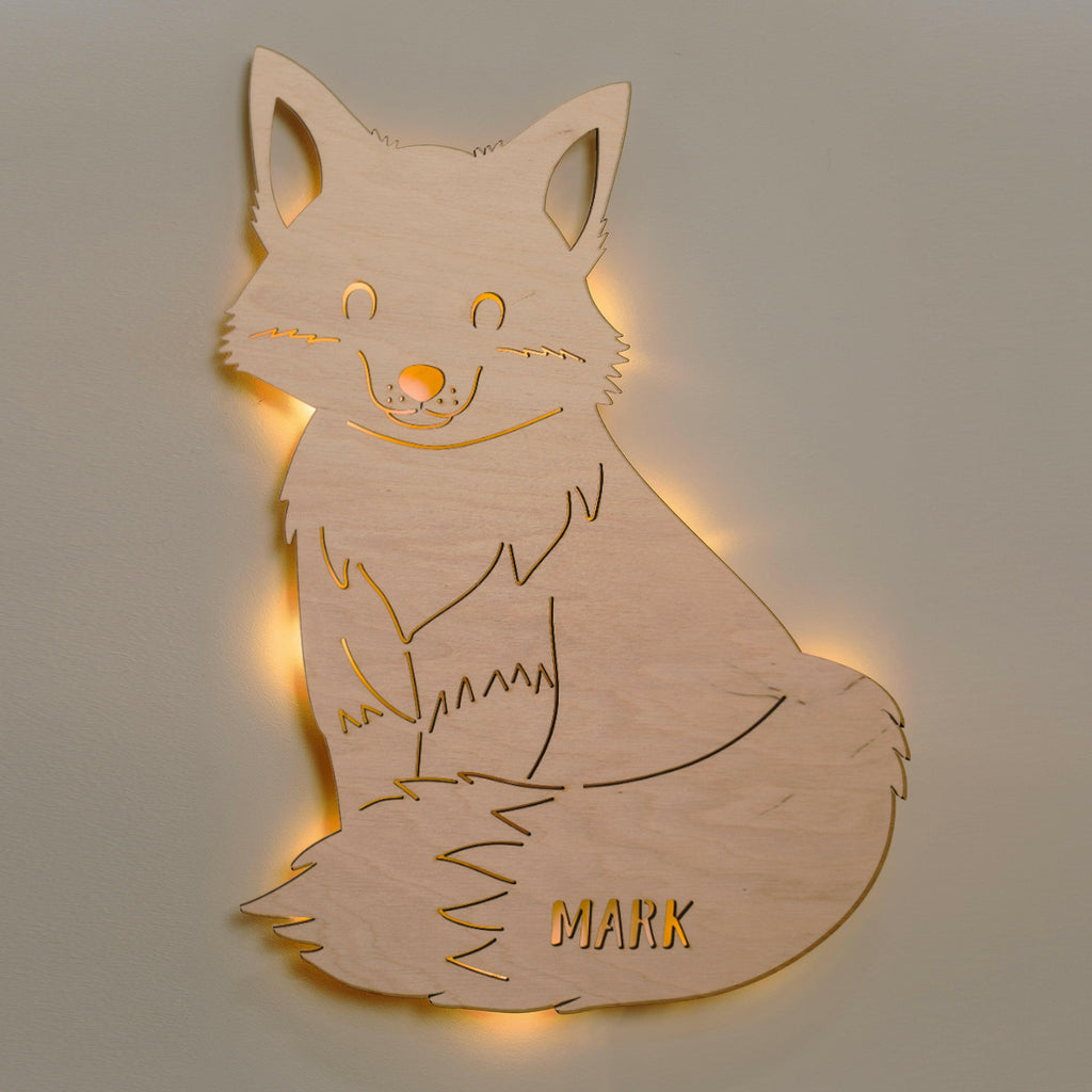Schlummerlicht Baby mit Namen - Kinder Nachtlicht Personalisiert - Fuchs | LED Holz Lampe.