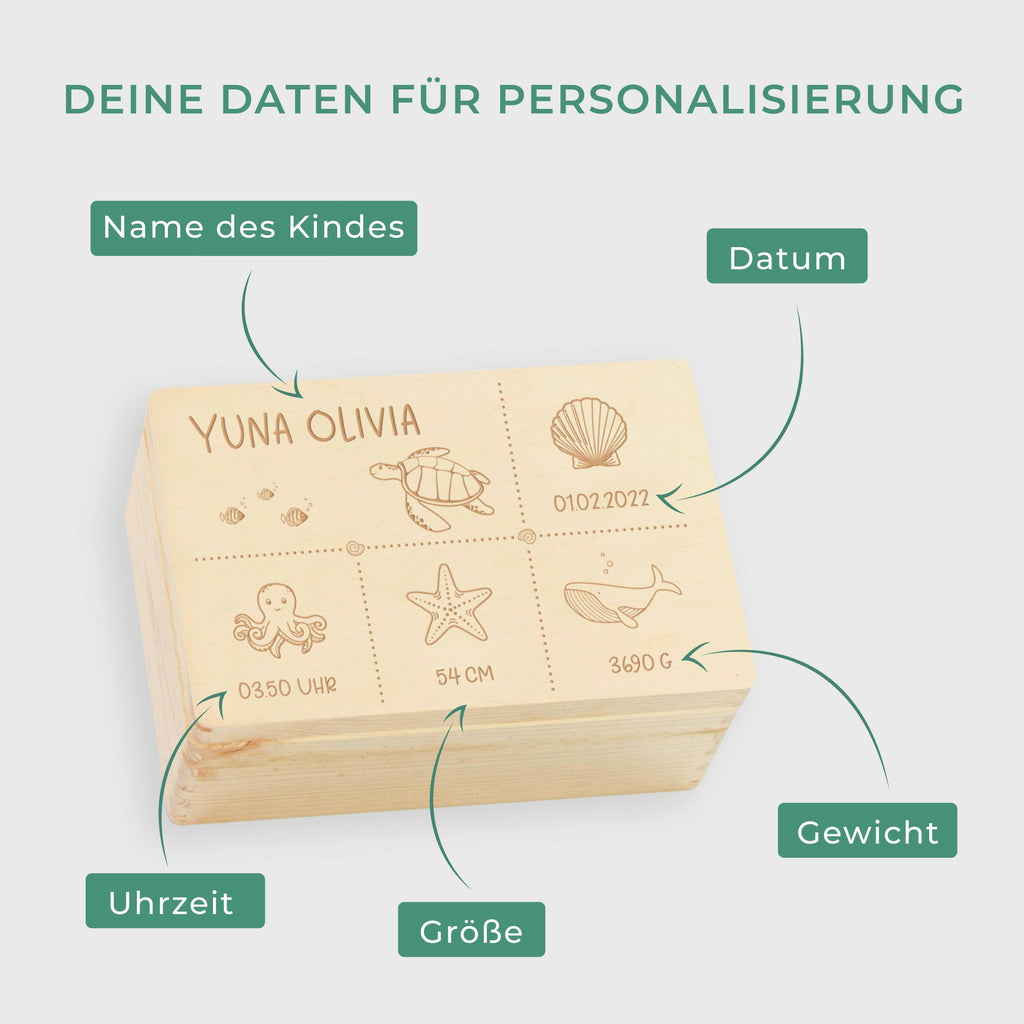 Holzkiste mit Gravur - Personalisiert - Meerestiere Motiv - Ocean Serie - Natur.