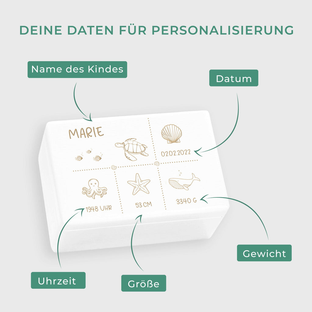 Holzkiste mit Gravur - Personalisiert - Meerestiere Motiv - Ocean Serie - Weiß.