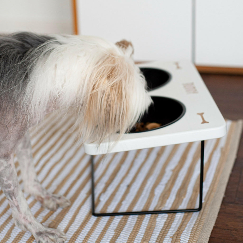 Futterstation für Hund & Katze - Personalisiert - mit Metallgestell - Weiß.