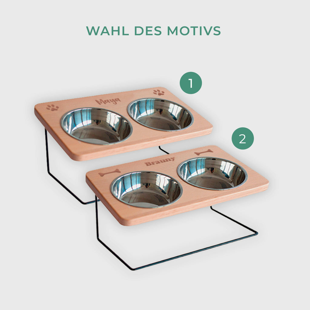 Futterstation für Hund & Katze - Personalisiert - mit Metallgestell - Natur.