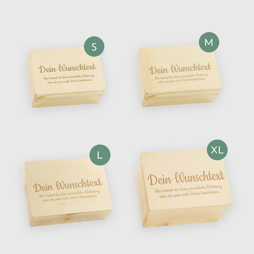 Erinnerungsbox Personalisiert mit Wunschtext Gravur - Geschenkkiste & Holzbox | Natur Holz Kiste FSC® - Holzkiste mit Deckel & Wunschgravur.