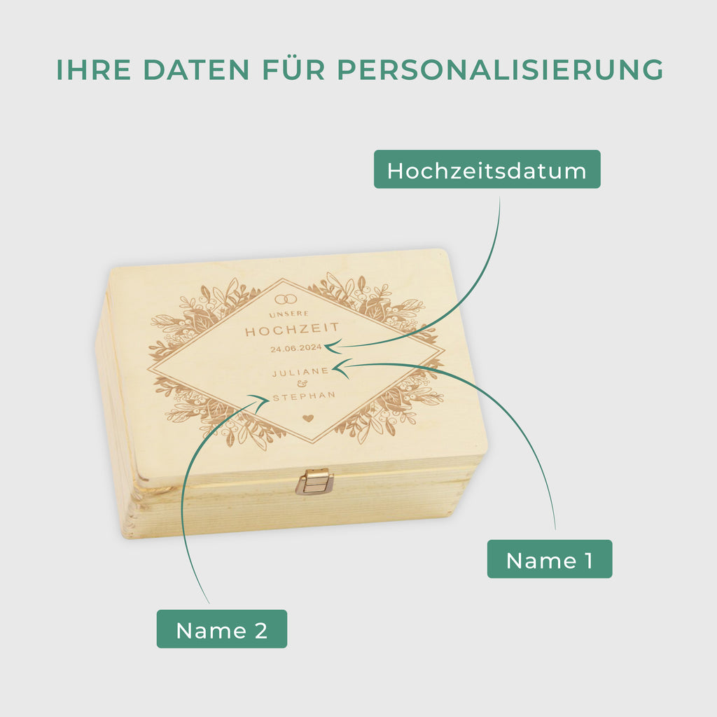 Erinnerungsbox zur Hochzeit - Florale Raute - Hochzeitskiste personalisiert mit Gravur - Natur, FSC® - Image 3