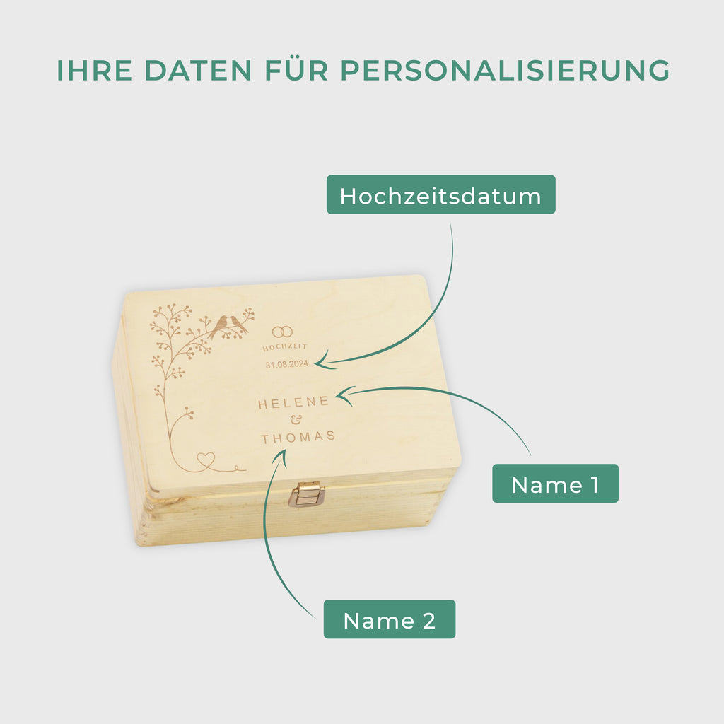 Erinnerungsbox zur Hochzeit - Vogelpärchen - Hochzeitskiste personalisiert mit Gravur - Natur, FSC® - Image 3