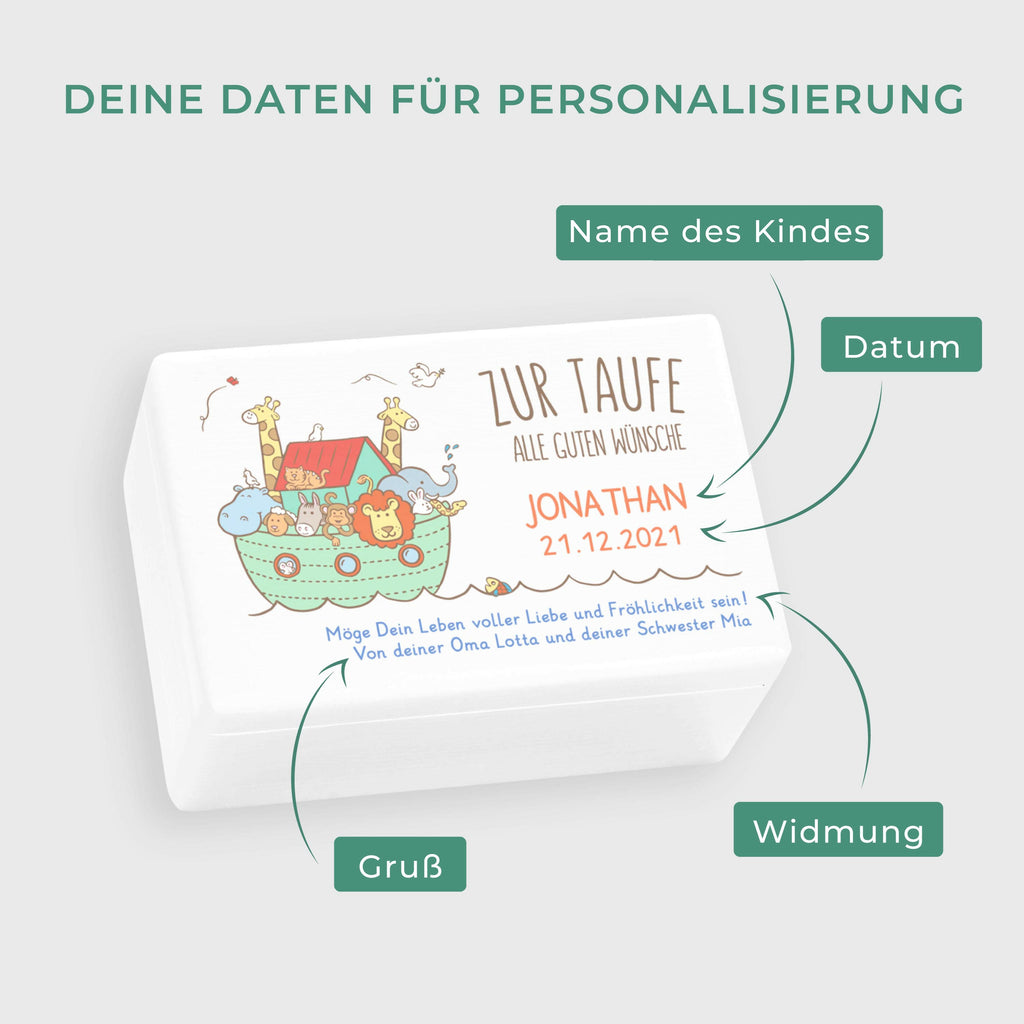 Personalisierte Erinnerungsbox als Taufgeschenk - Arche Noah UV Druck - Kiste Weiß FSC® | Erinnerungskiste als Geschenk zur Taufe für Junge & Mädchen.