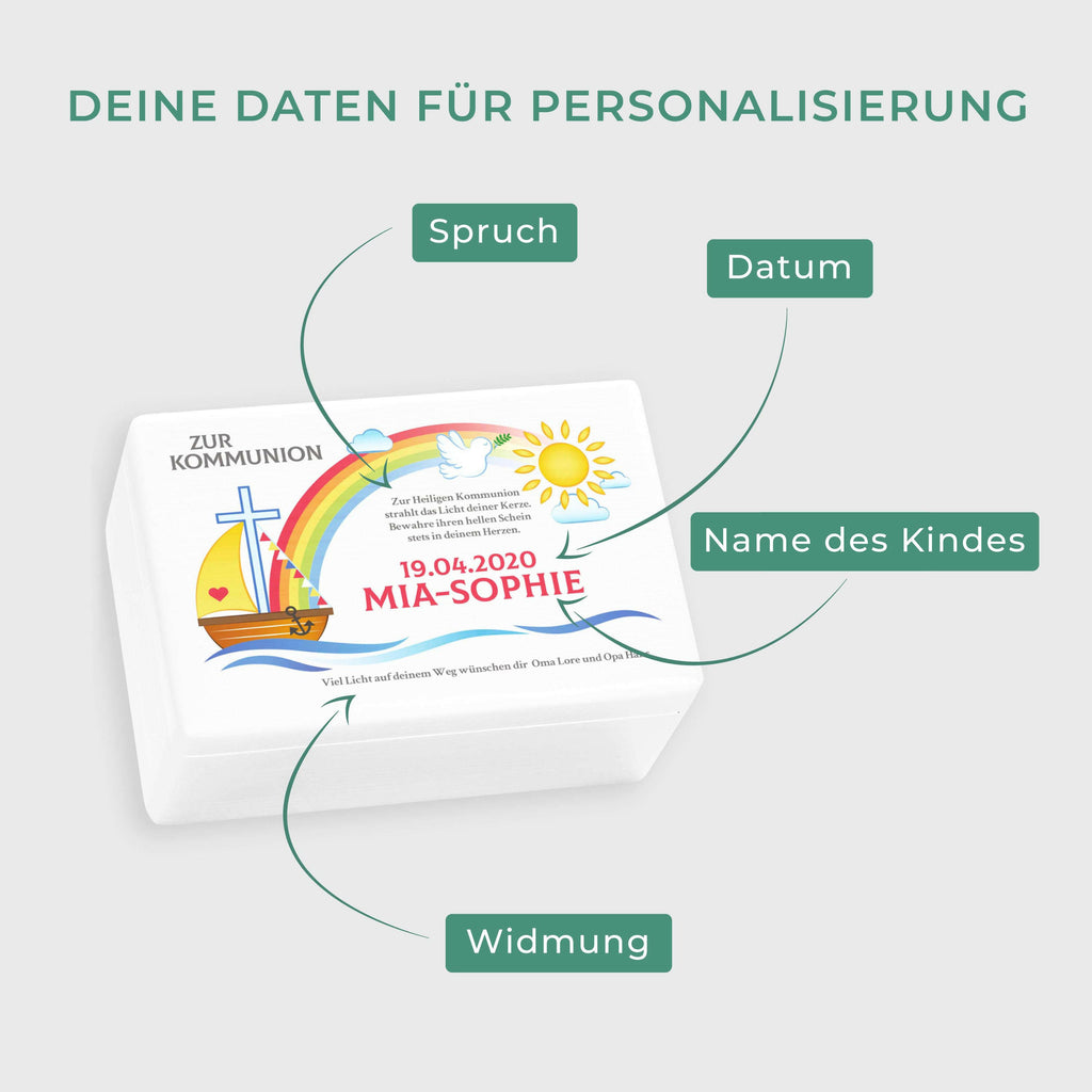 Holzkiste zur Kommunion - Personalisiert - Regenbogen Motiv - Weiß.