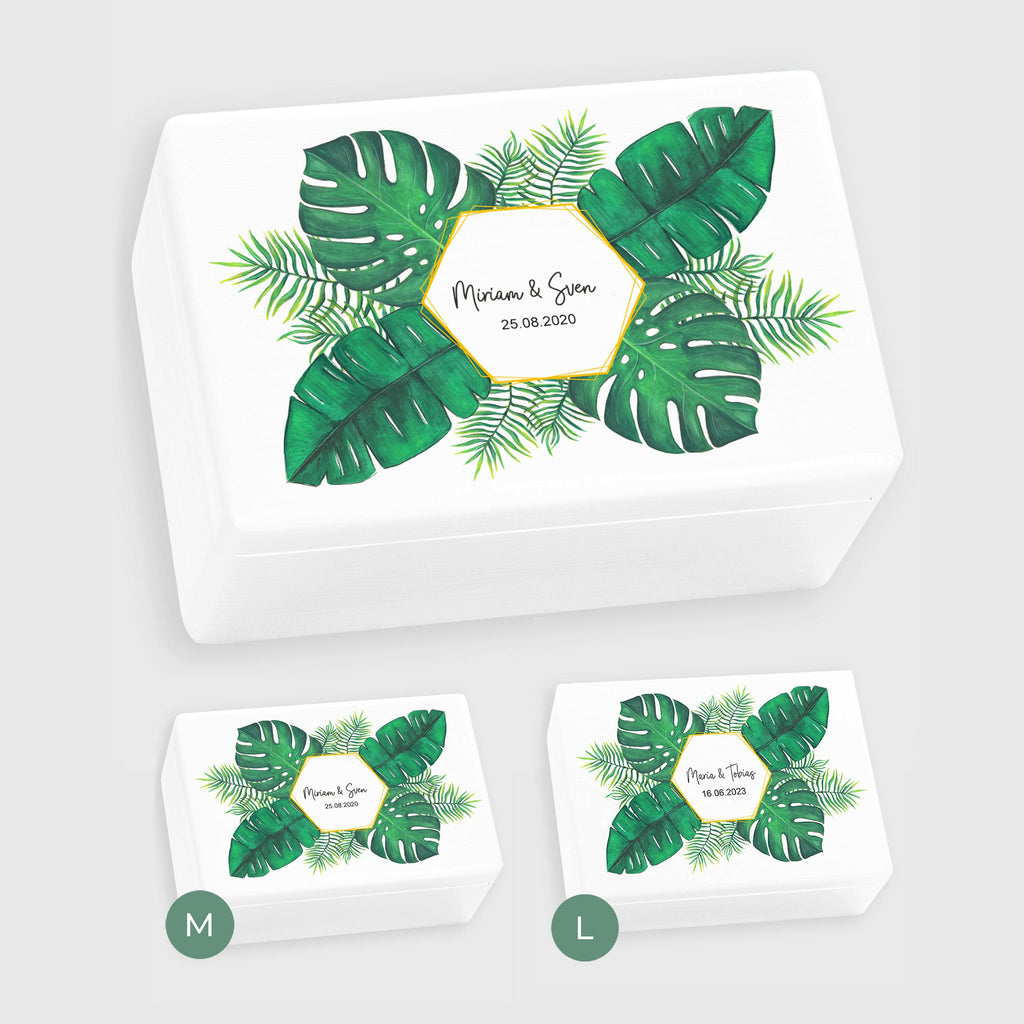 Erinnerungsbox zur Hochzeit - Personalisiert - Blumenstrauß Motiv - Weiß.