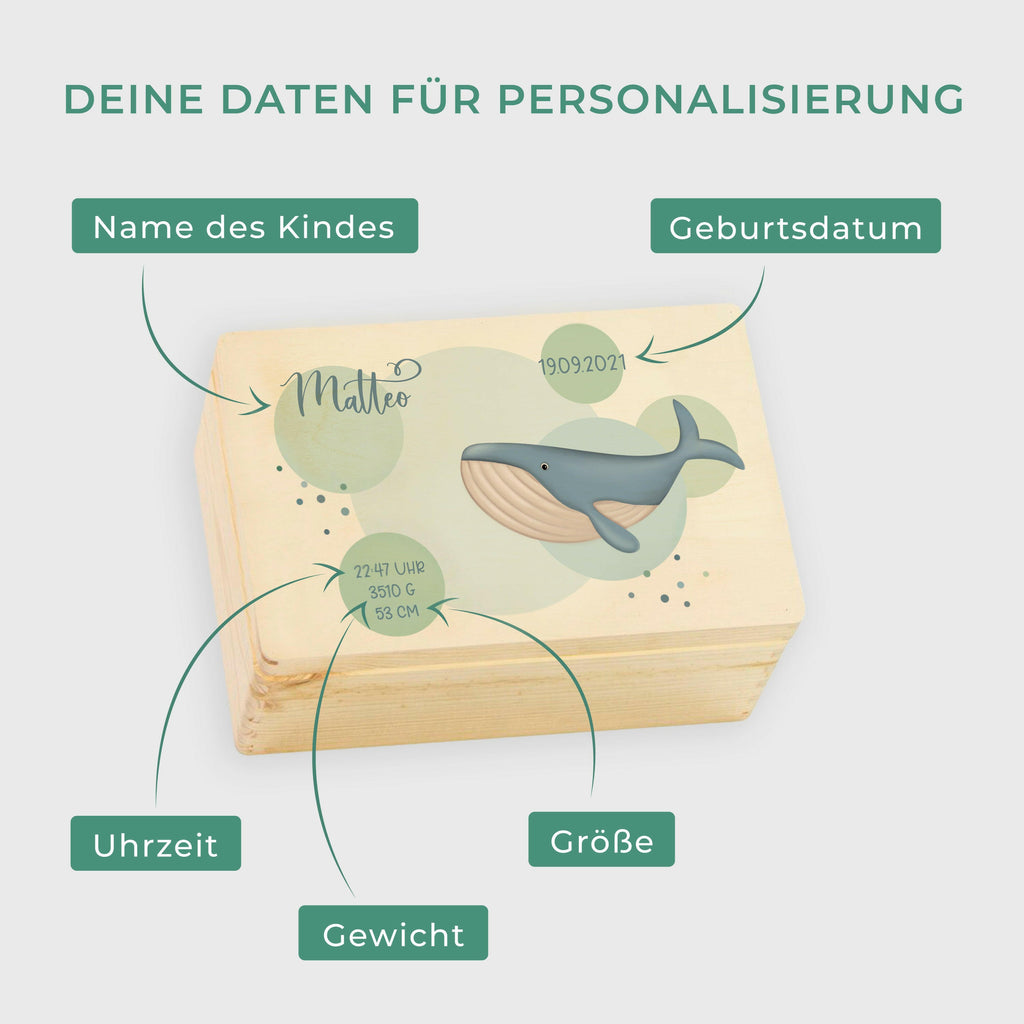 Erinnerungsbox für Baby - Wal & Ozean - Holzkiste zur Geburt - Natur, FSC® | Personalisierte Erinnerungskiste als Geschenk, Babykiste - M & L.