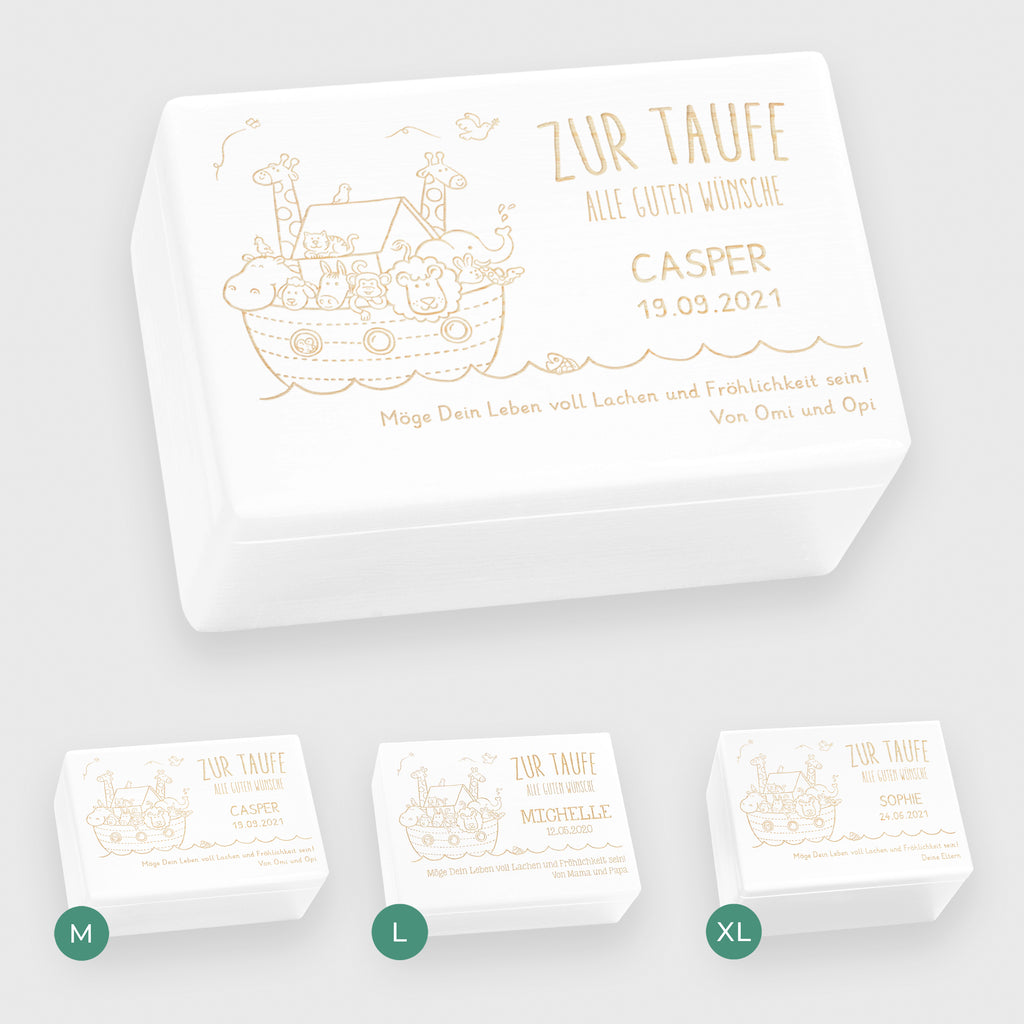 Personalisierte Erinnerungsbox als Taufgeschenk - Arche Noah Gravur - Weiß, FSC® | Erinnerungskiste als Geschenk zur Taufe für Junge & Mädchen.