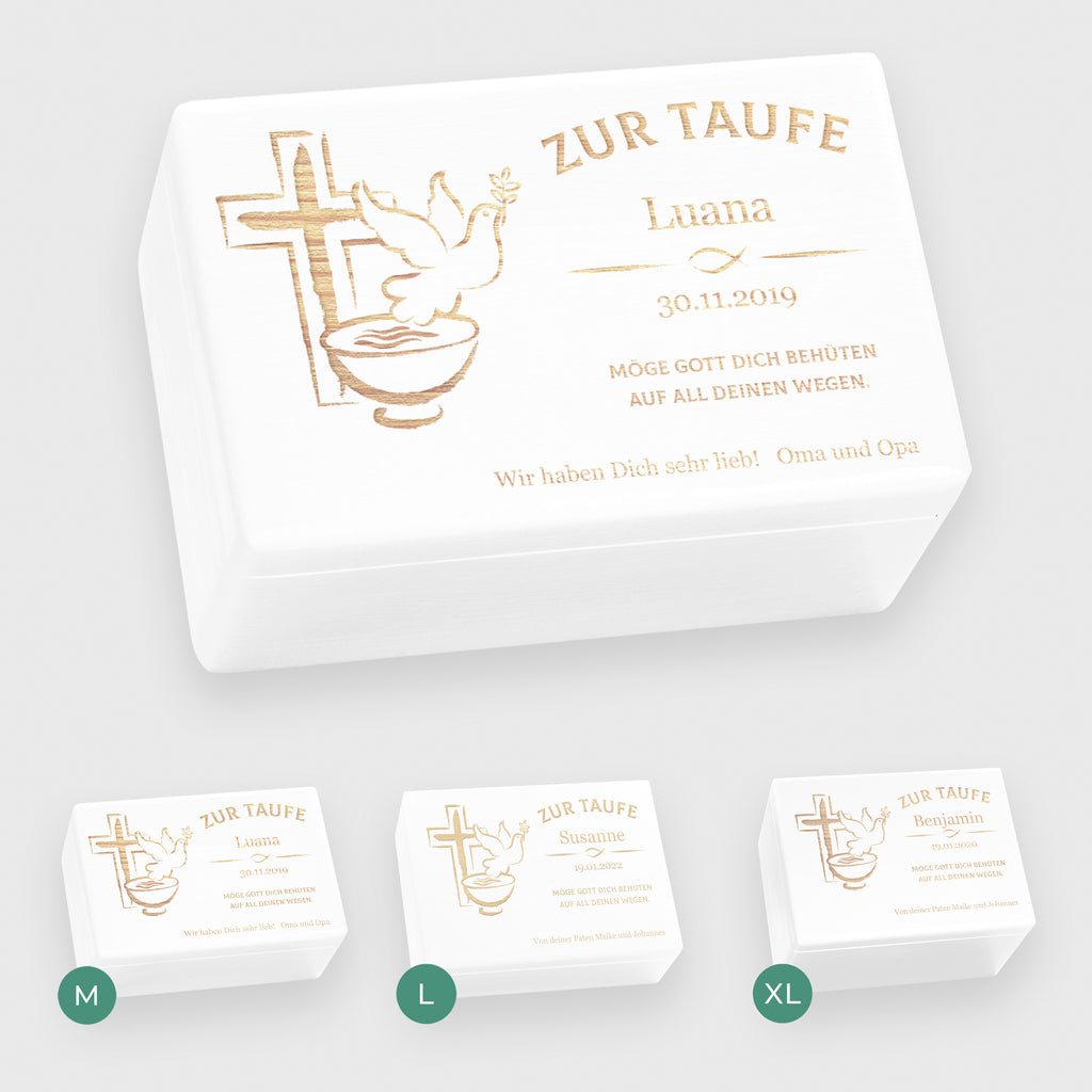 Personalisierte Erinnerungsbox als Taufgeschenk - Friedenstaube - Weiß, FSC® | Erinnerungskiste Geschenk zur Taufe für Baby von Großeltern & Paten.