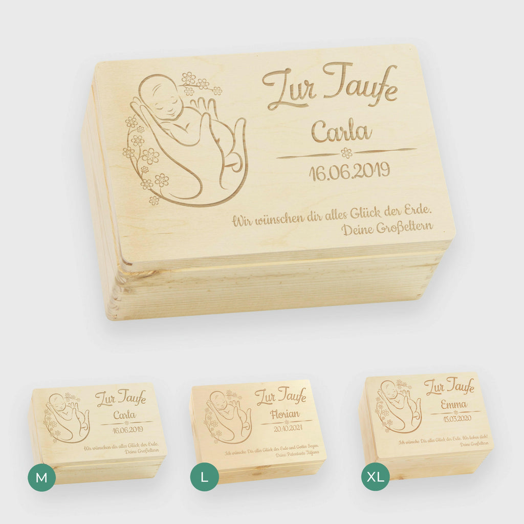 Personalisierte Erinnerungsbox als Taufgeschenk - Blumenbaby - Holzkiste, Natur, FSC® | Erinnerungskiste als Geschenk zur Taufe - Kiste aus Holz.