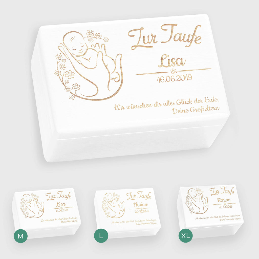 Personalisierte Erinnerungsbox als Taufgeschenk - Blumenbaby - Holzkiste, weiß, FSC® | Erinnerungskiste als Geschenk zur Taufe - Kiste aus Holz.