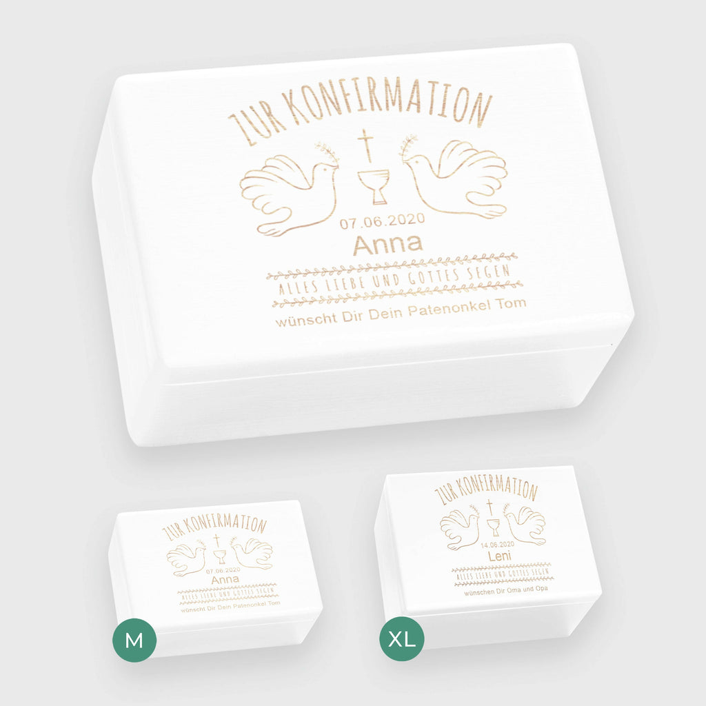 Personalisierte Erinnerungsbox zur Konfirmation - Tauben Motiv - Holzkiste Geschenk zur Konfirmation, weiß.