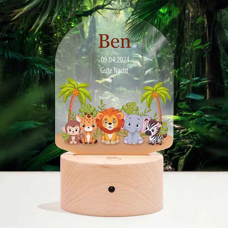 LED Kinder Nachtlicht - Personalisiert - Schlummerlicht Baby mit Name, 3 Holzsockel | Safari 3D Lampe - Image 1