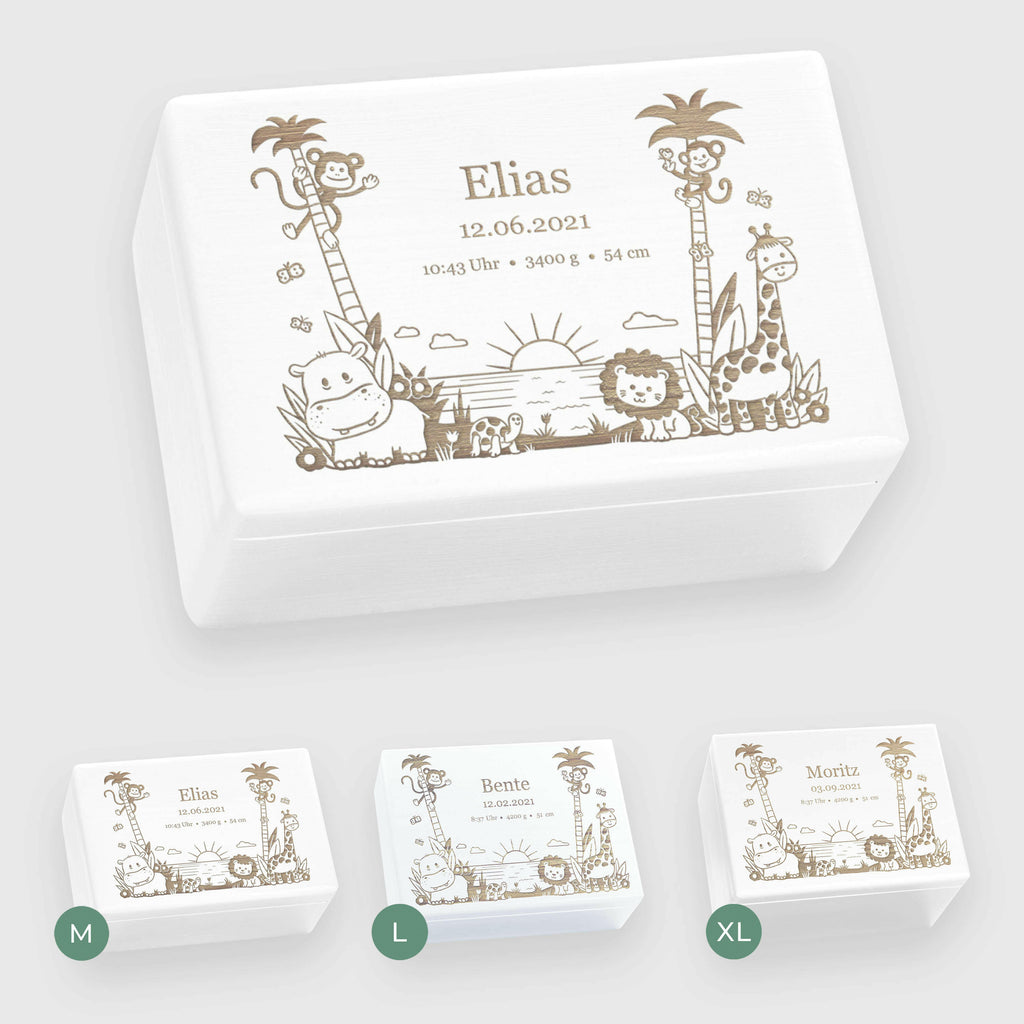 Personalisierte Box für Baby - Dschungel - Kinder Erinnerungskiste - Holzkiste Weiß, FSC® | Erinnerungsbox aus Holz - Babybox mit Gravur M | L | XL.