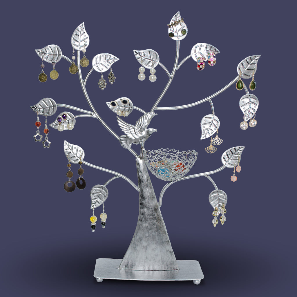 Schmuckständer "Schmuckbaum" - Metall, Gelochte Blätter & Ring Korb - ca. 43 x 39 x 8 cm, Silbern - Schmuckaufbewahrung für Ohrringe & Ringe - Image 4